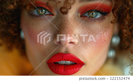 Cheerful drag queen with wearing heavy extravagant makeup looking at camera 122152474