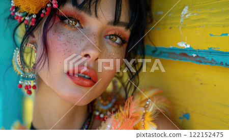Cheerful drag queen with wearing heavy extravagant makeup looking at camera 122152475