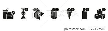 Unhealthy Food Silhouette Icon Set to Avoid in Diet. Nutrition Symbols for Unhealthy Food and Drink Exclusion. Health and Nutrition Management. Isolated Vector Illustration 122152500