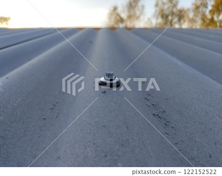 Close-up of metal roof bolt on corrugated surface with blurred tree background 122152522