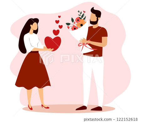 Couple exchanging gifts on Valentines Day with heart and flower bouquet in vector illustration 122152618