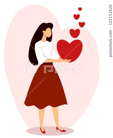 Valentines Day celebration with a woman holding a heart surrounded by floating love hearts in an illustrated design Valentines Day celebration with a woman holding a heart surrounded by floating love hearts in an illustrated design 122152620