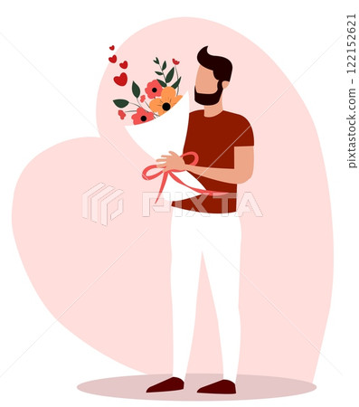 Man holding a bouquet of flowers surrounded by hearts expressing love on a romantic occasion Man holding a bouquet of flowers surrounded by hearts expressing love on a romantic occasion 122152621