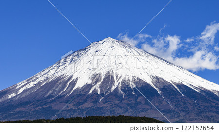A close-up of snow-capped Mount Fuji seen from Fujinomiya City, Shizuoka Prefecture A close-up of snow-capped Mount Fuji seen from Fujinomiya City, Shizuoka Prefecture 122152654