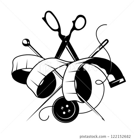 Sign for cutting and sewing. Needle with thread, scissors and tape measure Sign for cutting and sewing. Needle with thread, scissors and tape measure 122152682