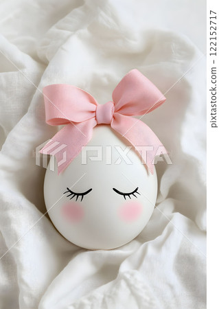 Decorative Easter egg with a pink bow resting on a soft white fabric, evoking a sense of whimsy and charm during the spring season 122152717