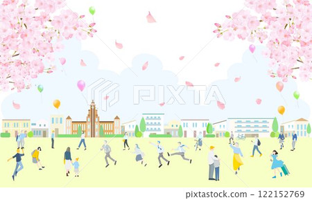 Cherry blossoms and balloons - cute cityscape and people walking landscape vector illustration spring background material 122152769