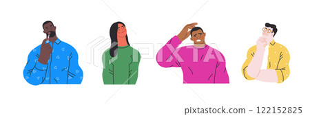 Thinking people, modern flat vector concept illustrations set- people standing thoughtfully. Metaphor for reflection, analysis, introspection, contemplation, deep thought 122152825