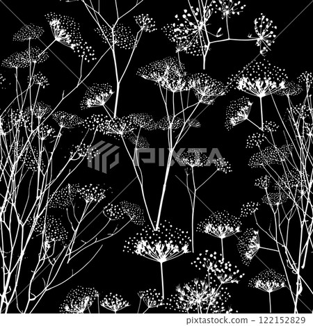 Seamless monochrome background grass dill with seeds. Hand drawing. Not AI, Vector illustration 122152829