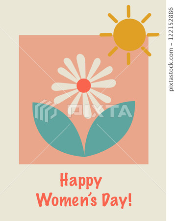 Colored postcard with the inscription Happy Women's Day. Bright flowers, sun, leaves. 122152886