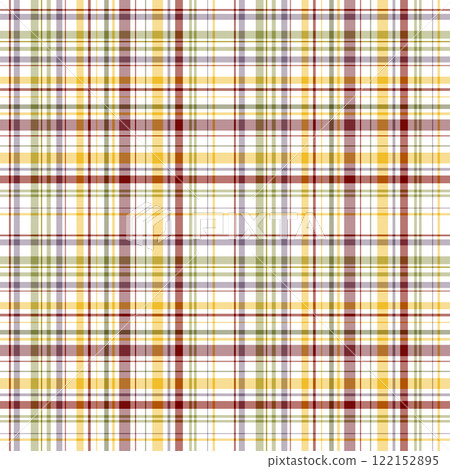 Seamless colorful plaid pattern with red, yellow, green, and white tones. Perfect for textile design, backgrounds, wallpapers, wrapping paper, and various creative projects. 122152895