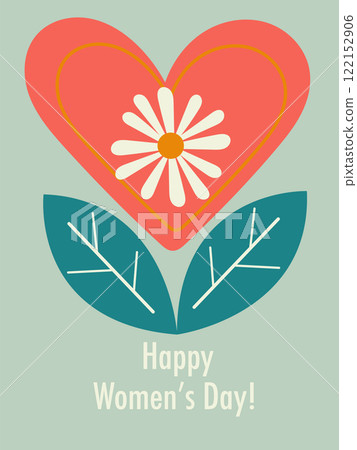 Colored postcard with the inscription Happy Women's Day. Bright flowers, sun, leaves. 122152906