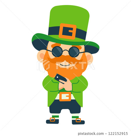 Leprechaun in round glasses with phone in hand. St. Patrick's Day illustration 122152915