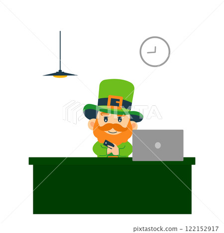 Leprechaun in office with computer, St. Patrick's Day illustration Leprechaun in office with computer, St. Patrick's Day illustration 122152917