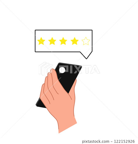 Single hand holding smartphone with star rating icon. Online product reviews and quality assessment concept. E-commerce customer feedback and satisfaction tracking. 122152926