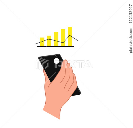 Smartphone in hand with rising graph icon above. Mobile analytics and business growth monitoring. Concept of financial progress and success planning. Smartphone in hand with rising graph icon above. Mobile analytics and business growth monitoring. Concept of financial progress and success planning. 122152927
