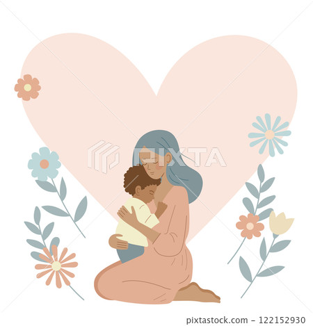 Mother's Day. Mother hugs her son. Child cuddles up to mother. International family. 122152930