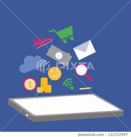 Financial transactions and online tools. Coins, connection, search, email, shopping trolley, camera, and analytics icons for digital business operations 122152947