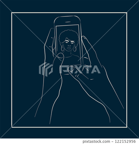 Line Art Hands Holding Smartphone with African American Woman Face in Video Cal Line Art Hands Holding Smartphone with African American Woman Face in Video Cal 122152956