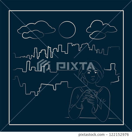 Big city. Asian Woman Drinking Coffee on White Background 122152976