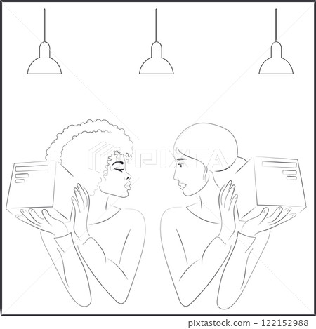 Line Art Portrait of Two Women Carrying Packages in Loft Style Cafe or Post Office 122152988