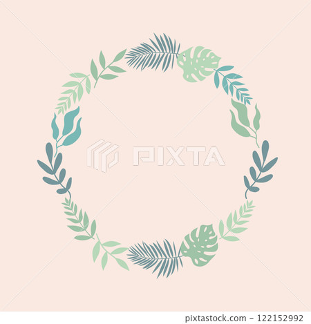 Wreath of monstera leaves, palm leaves. Round frame. 122152992