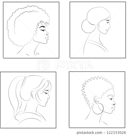 Line Art Set of Four Portraits: African American, Native American, Asian, and Afro-American Women Line Art Set of Four Portraits: African American, Native American, Asian, and Afro-American Women 122153026