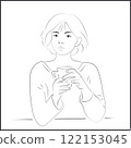 Line Art Asian Woman Drinking Coffee on White Background 122153045