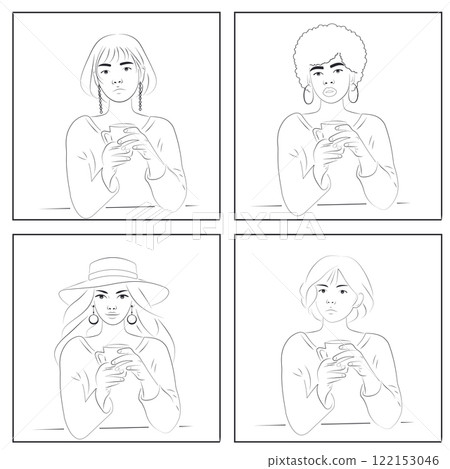 Line Art Set of Four Women Drinking Coffee, Diverse Ethnicities, Minimalist Style, White Background 122153046