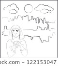 Big city. Asian Woman Drinking Coffee on White Background 122153047