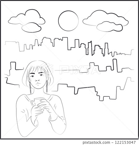 Big city. Asian Woman Drinking Coffee on White Background 122153047
