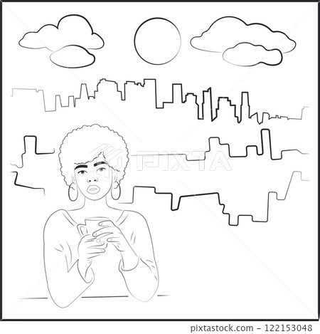 Big city.African American Woman Drinking Coffee or Tea Big city.African American Woman Drinking Coffee or Tea 122153048