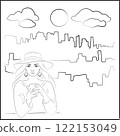 Big city. White Woman in Hat Drinking Coffee at Cafe 122153049