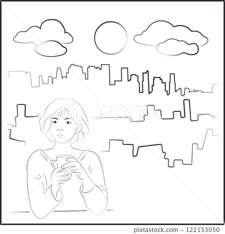 Big city. Asian Woman Drinking Coffee on White Background 122153050