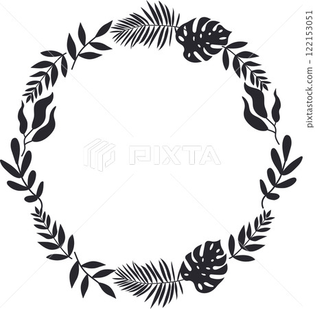 Monstera and Palm Leaf Wreath Circle, Black and White Minimalist Frame 122153051