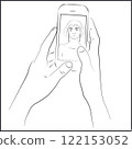 Line Art Hands Holding Smartphone with Asian Womans Face in Video Call 122153052