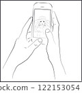 Line Art Hands Holding Smartphone with White Woman's Face in Video Call 122153054