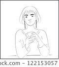 Line Art Asian Woman Drinking Coffee on White Background 122153057