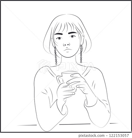 Line Art Asian Woman Drinking Coffee on White Background 122153057
