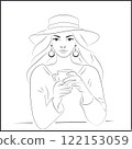 Line Art White Woman in Hat Drinking Coffee at Cafe 122153059