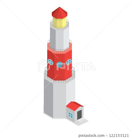 3D Isometric Flat Vector Set of Lighthouses, Searchlight Guide, Marine Navigation Beacons. Item 2 122153121