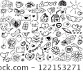 Doodle set of Hand drawn featuring hearts, arrows, gifts, flowers, and more on a white background. Romantic Black-and-White Illustrations for Creative Projects, Perfect for greeting 122153271