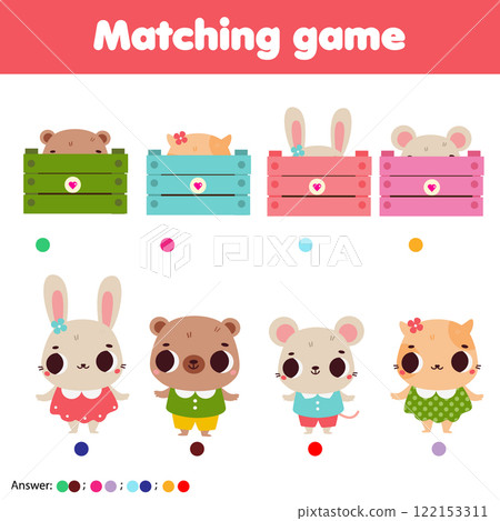 Educational game for children, kids activity. Match cute animals with boxes Educational game for children, kids activity. Match cute animals with boxes 122153311