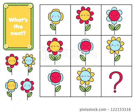 What comes next educational children game. Kids activity sheet, continue the row of cute flowers What comes next educational children game. Kids activity sheet, continue the row of cute flowers 122153316