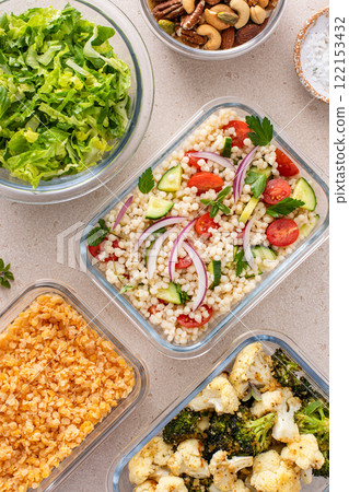 Vegan meal prep with lentils, roasted vegetables, nuts and salad Vegan meal prep with lentils, roasted vegetables, nuts and salad 122153432