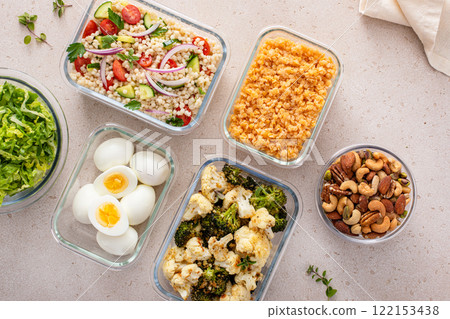 Vegetarian meal prep with eggs, lentils, roasted vegetables, nuts and salad Vegetarian meal prep with eggs, lentils, roasted vegetables, nuts and salad 122153438