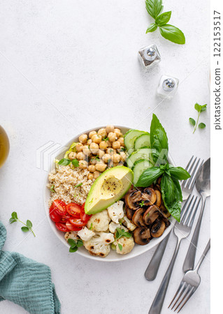 Healthy quinoa buddha bowl with grilled chicken 122153517