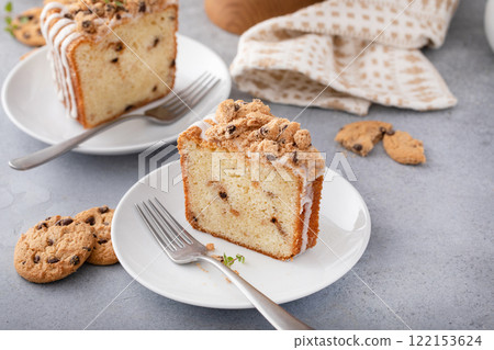 Chocolate chip cookie filled pound cake sliced, fun dessert idea Chocolate chip cookie filled pound cake sliced, fun dessert idea 122153624