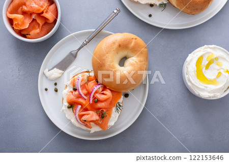 Smoked salmon bagel breakfast setup 122153646