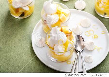 Lemon meringue parfait with pound cake, lemon mousse, whipped cream 122153713